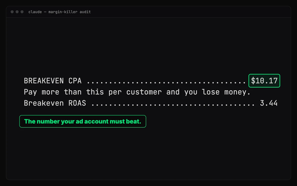 Margin Killer output: true breakeven CPA calculation